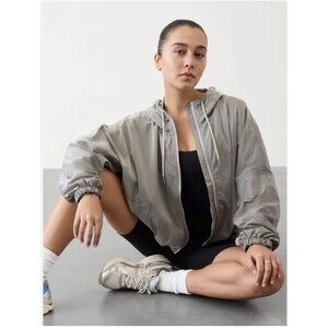 Athleta Day Drift Crinkle Sheen Jacket Womens Large Abalone Silver Running Hood